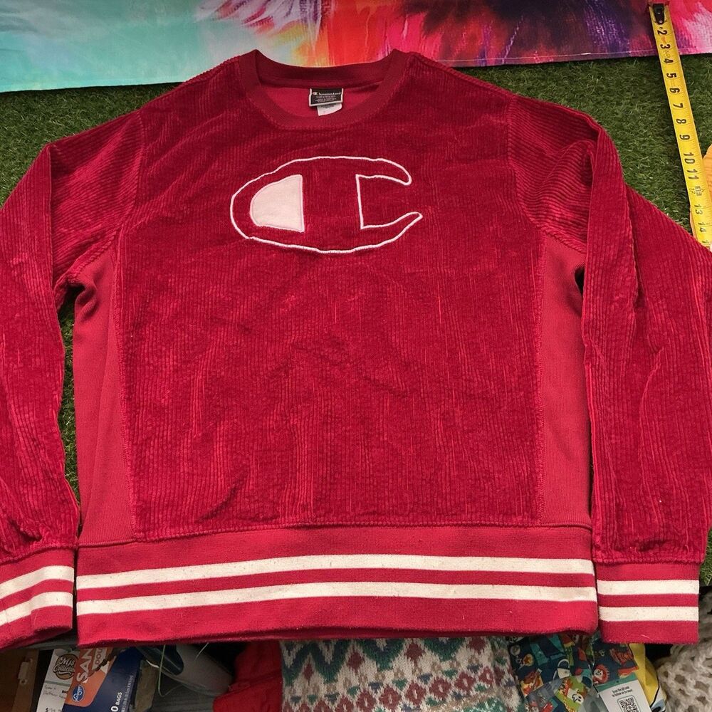 Champion Mens Large Corduroy Crewneck Sweatshirt Red Big C Logo Varsity Retro